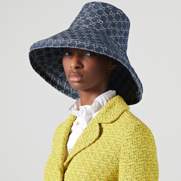 Gucci GG Monogram Bucket Hat Wide Large Brim Thick Denim Navy Allover Jacquard - Picture 5 of 15